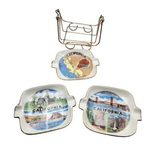 Vintage California Collectible 3.25" Plate Set Ash Tray Golden Gate Bridge Hears